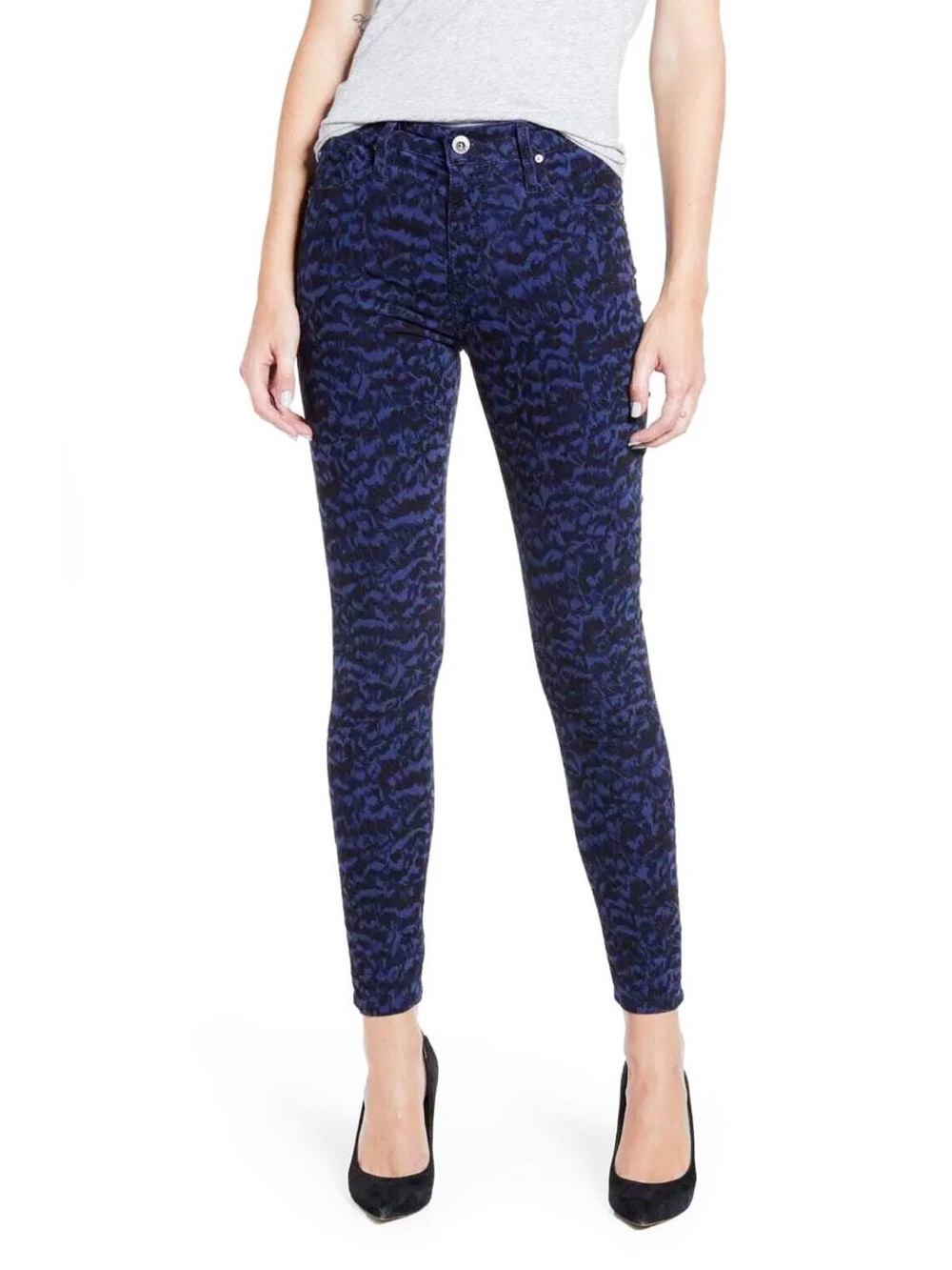 Ag Adriano Goldschmied “Farrah” Navy Blue Leopard Printed Skinny Corduroy Jeans